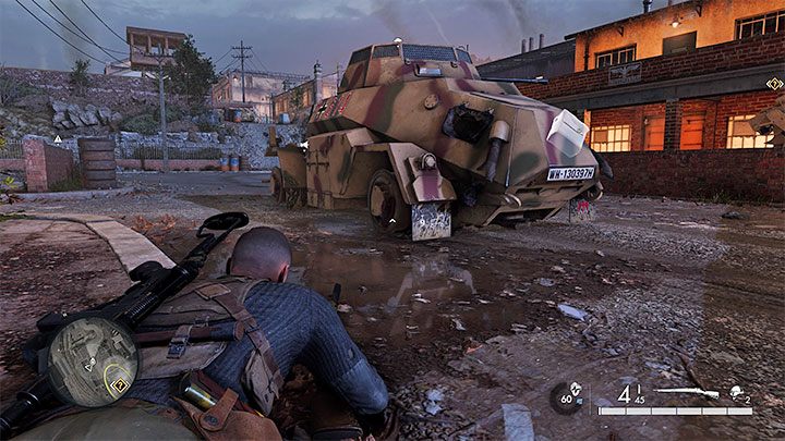 While exploring the factory, you first of all have to watch out for the 222 Armored Car patrolling the central part of the map - Sniper Elite 5: Infiltrating and exploring the factory (Mission 4) - walkthrough - Mission 4 - War Factory - Sniper Elite 5 Guide, Walkthrough
