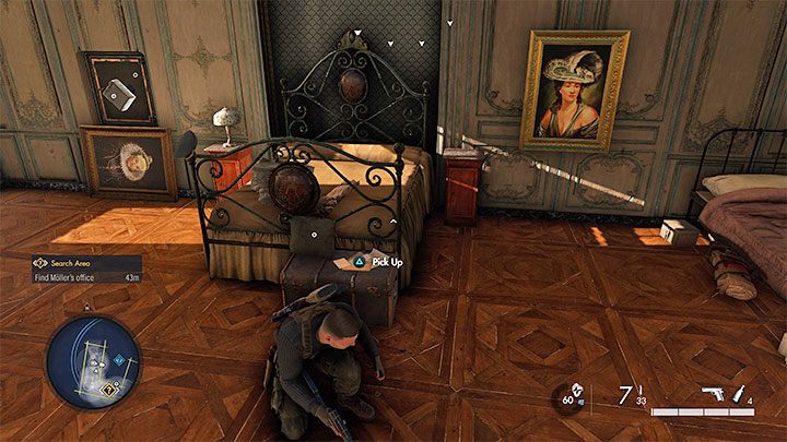 Das letzte, dritte Artefakt befindet sich im Schlafzimmer im westlichen Teil des Schlosses – Sniper Elite 5: Gestohlene Antiquitäten zurückholen (Mission 2 Nebenquest) – Komplettlösung – Mission 2 – Besetzte Residenz – Sniper Elite 5 Guide, Komplettlösung