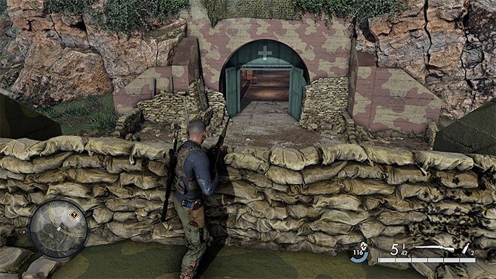 Das Underground Hospital befindet sich in der Mitte der Karte und verfügt über mehrere Eingänge – Sniper Elite 5: Finding Stealth Plates (Mission 5) – Komplettlösung – Mission 5 – Festung Guernsey – Sniper Elite 5 Guide, Komplettlösung