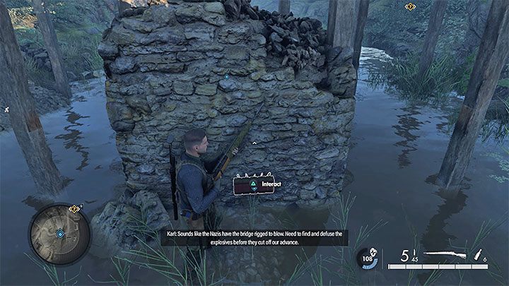 Nachdem Sie die Brücke erreicht haben, gehen Sie hinunter zum flachen Fluss – Sniper Elite 5: Sicherung der Kreuzung (Mission 6) – Komplettlösung – Mission 6 – Befreiung – Sniper Elite 5-Leitfaden, Komplettlösung