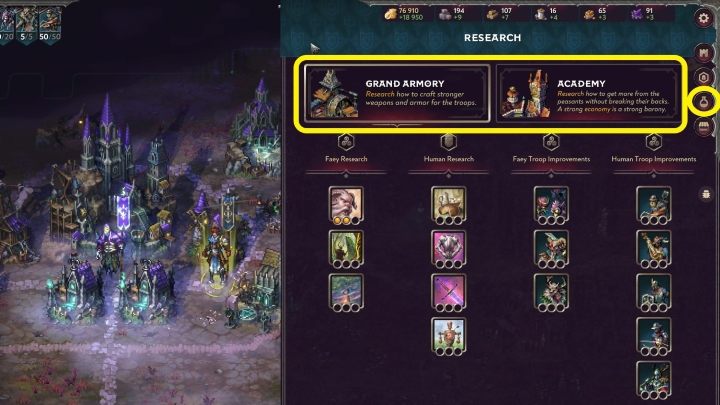 Research in Songs of Conquest is divided intomilitary and economic - Songs of Conquest: Research and resources - Basics - Songs of Conquest game guide