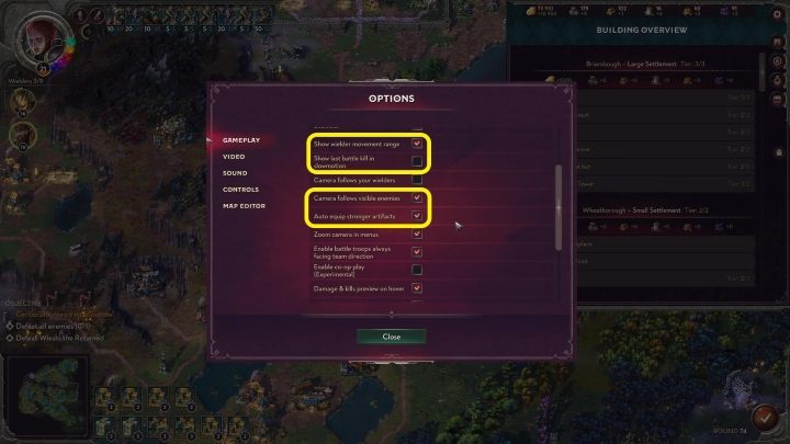 After pressing the "esc" key and selecting the options menu, you will see the (default) gameplay tab - Songs of Conquest: Menu - Basics - Songs of Conquest game guide