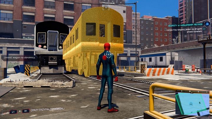 Spin the turntable again and move the third car, located in the area where you fought the thugs previously - Spider-Man Miles Morales: Harlem Trains Out Of Service - solution, walkthrough description - Main missions - Spider-Man Miles Morales Guide