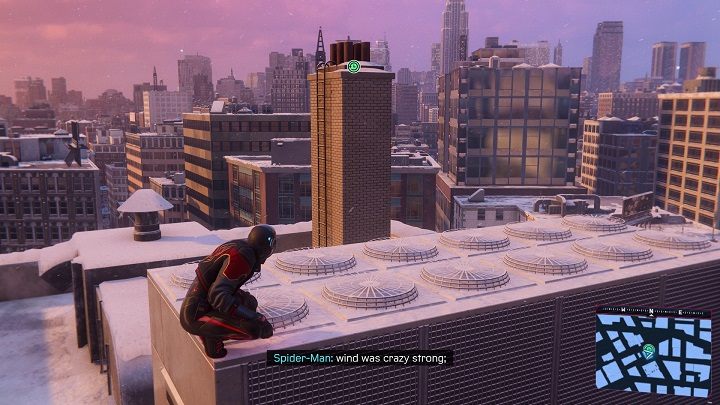 The first capsule is located in the chimney, on the roof of the financial district building - Spider-Man Miles Morales: Time capsules - all locations, list - Find - Spider-Man Miles Morales Guide