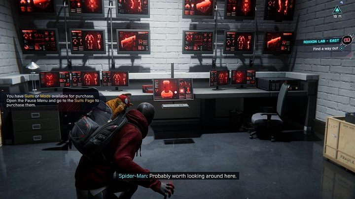 While heading for the exit, on the left you will find a computer with Simon Krieger's recording - Spider-Man Miles Morales: Roxxon Laboratories - all locations, list - Laboratories and hiding places - Spider-Man Miles Morales Guide