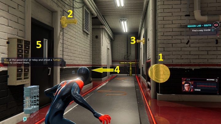 Turn on the generator (1) by pressing L1 square and connect it with the grid launcher to the bar on the wall (2), then make another connection between the bar (2) and the bar (3) and the bar (4) at the bottom of the stairs - Spider-Man Miles Morales: Roxxon Laboratories - all locations, list - Laboratories and hiding places - Spider-Man Miles Morales Guide