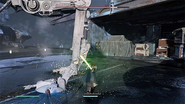 The best way to quickly weaken the AT-ST is to attack its lower mechanical legs with a lightsaber - Chapter 2 Tomb of Eilram | Fallen Order Walkthrough - Main Story - Star Wars Jedi Fallen Order Guide