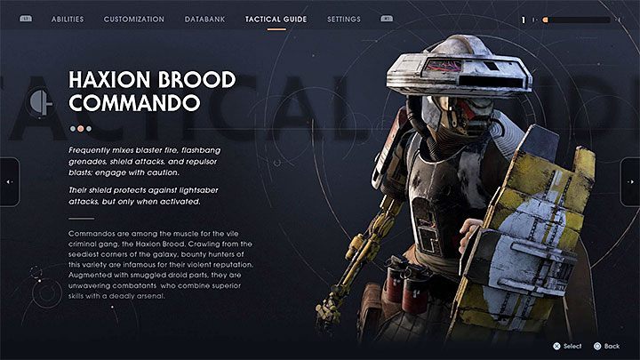 2) Haxion Brood Commando – er verfügt über ein breites Spektrum an Fähigkeiten – er kann einen Blaster benutzen, Granaten werfen, sich mit einem Schild abstützen (konzentrieren Sie sich darauf, den Abstand zu ihm zu verringern) und kann manchmal mit einem Schild auf Sie losgehen (seitwärts springen). zum richtigen Zeitpunkt) - Kopfgeldjäger |  Bosse des Gefallenen Ordens – Bosse – Star Wars Jedi Leitfaden zum Gefallenen Orden