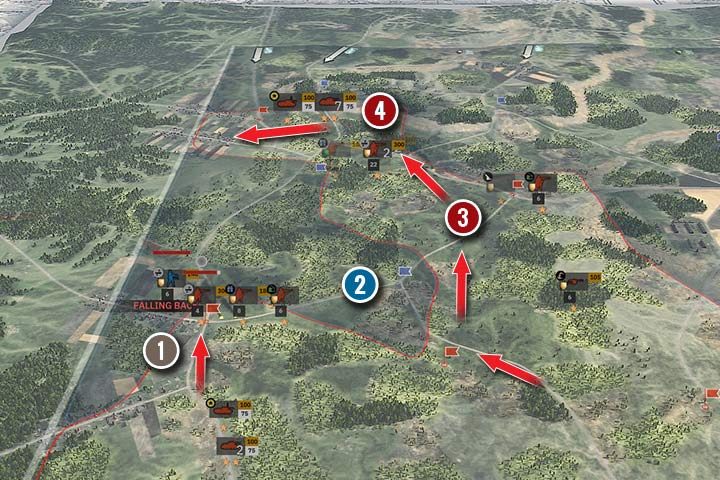 Es ist schwierig, den Feind zu umkreisen, aber bei richtiger Anwendung wird es einfacher, mit seinen Truppen fertig zu werden.  Am südlichen Punkt sind noch Kämpfe im Gange (1) und am nächsten strategischen Punkt hat der Gegner noch Truppen (2).  Allerdings hat Rot die Position des Feindes umgangen und einige Truppen auf der Westseite platziert (3).  Der Panzer- und Infanteriespion durchbrach die Verteidigung des Feindes und schnitt ihm den Nachschub ab (4).  Jetzt ist es an der Zeit, den Feind zu erledigen und die verbleibenden Punkte zu übernehmen.  - Front- und strategische Punkte |  Steel Division 2 – Grundlagen – Steel Division 2-Leitfaden