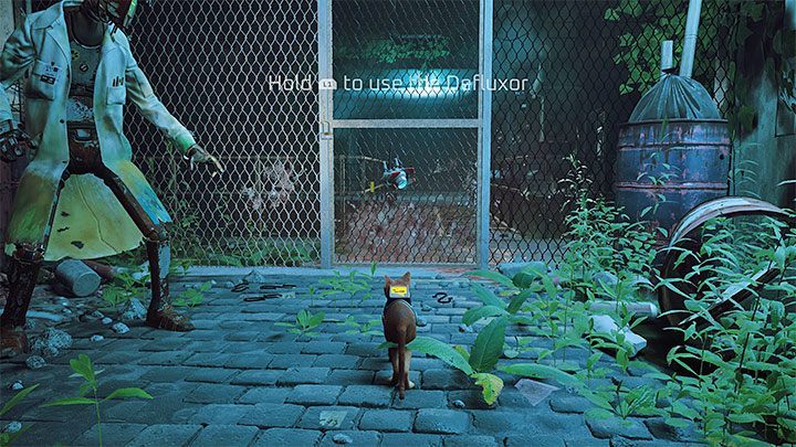 Get out of the building and stand next to the net - Stray: Dead End, Chapter 7 - walkthrough - Walkthrough - Stray Guide, Walkthrough
