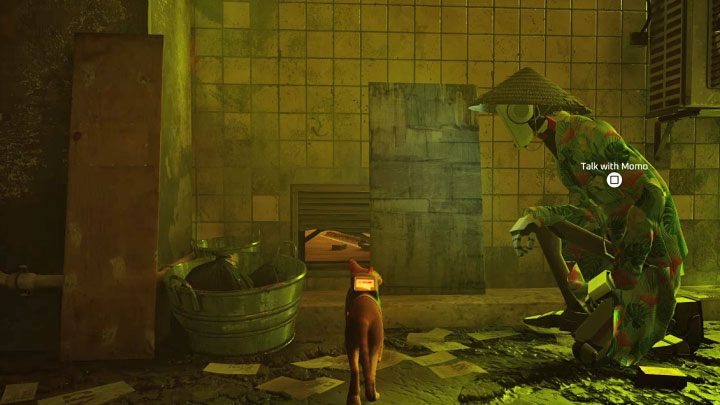 During the second visit, you have to follow Momo - you will reach Seamus' flat - Stray: The puzzle with Seamus secret room - The Slums - Puzzles - Stray Guide, Walkthrough