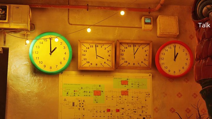 You have to look at the 4 clocks hanging on the wall - Stray: The puzzle with Seamus secret room - The Slums - Puzzles - Stray Guide, Walkthrough