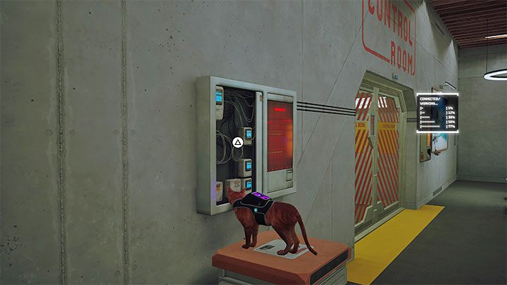 This is accomplished by starting the machine, pulling it up, and leaping on it while in synch with B-12 - Stray: The locked access to the system puzzle - Control Room - Puzzles - Stray Guide, Walkthrough