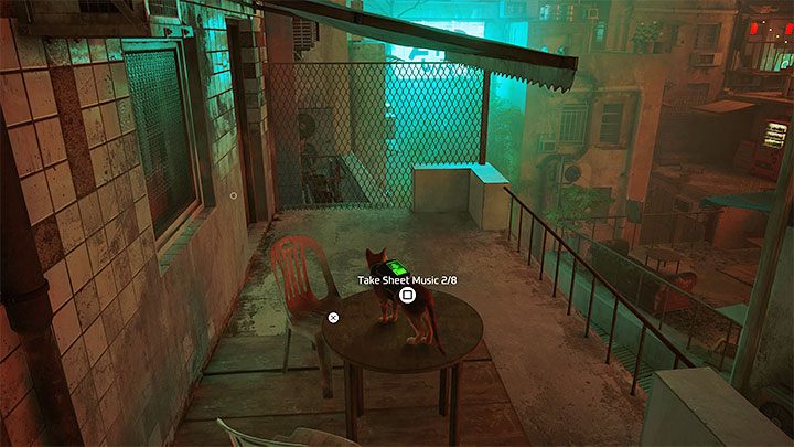 The collectible is on a high balcony presented in the picture above - move on the rooftops until you find this place - Stray: Sheet Music - list - Secrets and Collectibles - Stray Guide, Walkthrough