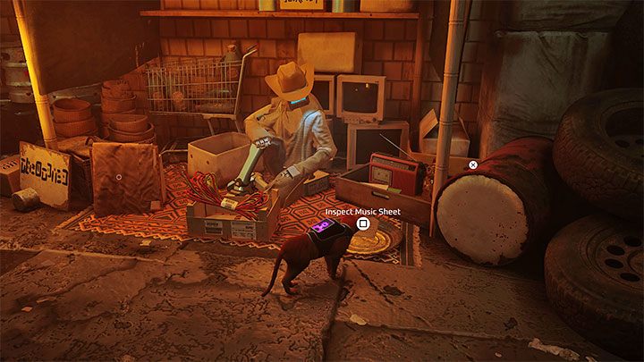 The Sheet Music is one of the items you can buy from the merchant Azooz, who has his stall in the Slums - Stray: Sheet Music - list - Secrets and Collectibles - Stray Guide, Walkthrough