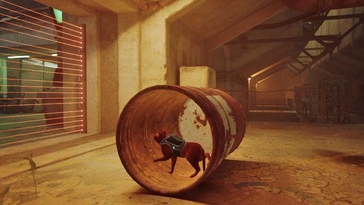 It's easy to bypass the lasers - enter the barrel and roll to the side - Stray: Midtown, Chapter 10 - walkthrough - Walkthrough - Stray Guide, Walkthrough