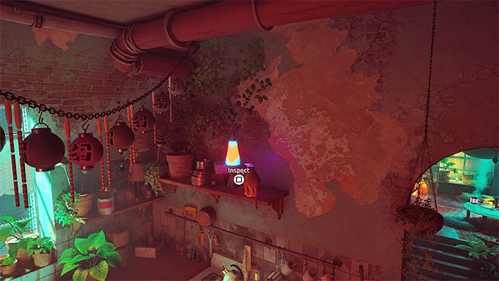 The last clue is a lit lamp placed on a tall shelf in the kitchen - you'll need to jump twice to reach it - Stray: Midtown, Chapter 10 - walkthrough - Walkthrough - Stray Guide, Walkthrough
