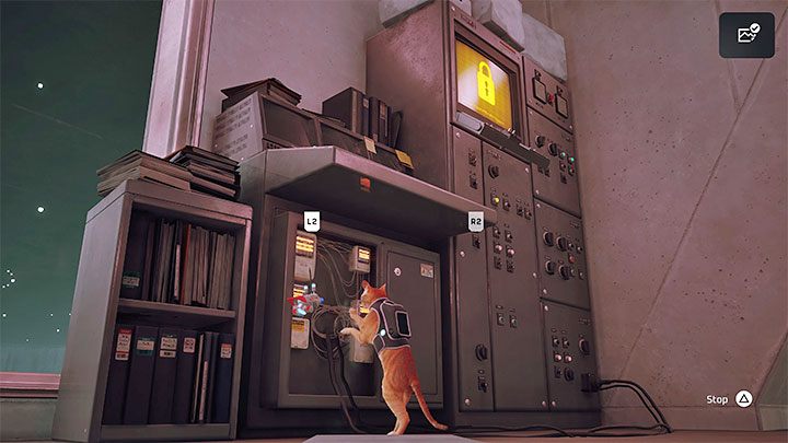 You need to find a panel near each terminal - Stray:Control Room, Chapter 12 - walkthrough, ending - Walkthrough - Stray Guide, Walkthrough