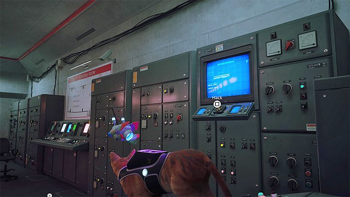 Doing this will allow B-12 to hack in, but first you need to give it the correct command while facing the blue screen - Stray:Control Room, Chapter 12 - walkthrough, ending - Walkthrough - Stray Guide, Walkthrough
