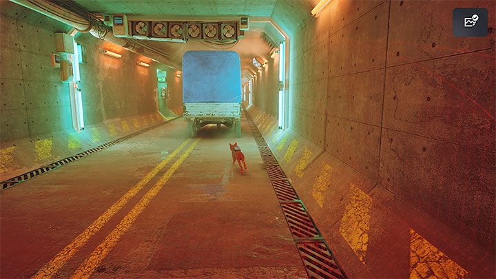 An escape sequence awaits you - start dashing towards the fence and after getting across, run zig-zag behind the vehicle controlled by Clementine - Stray: Jail, Chapter 11 - walkthrough - Walkthrough - Stray Guide, Walkthrough