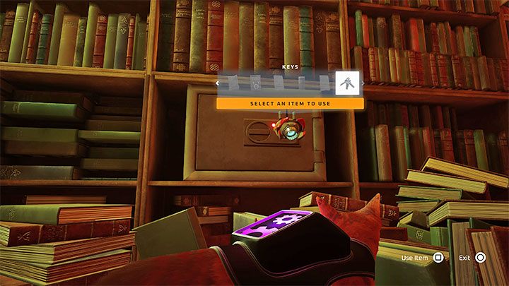The safe with the notebook is on one of the shelves in the main area of the library - Stray: Notebooks in The Slums - where to find? - FAQ - Stray Guide, Walkthrough