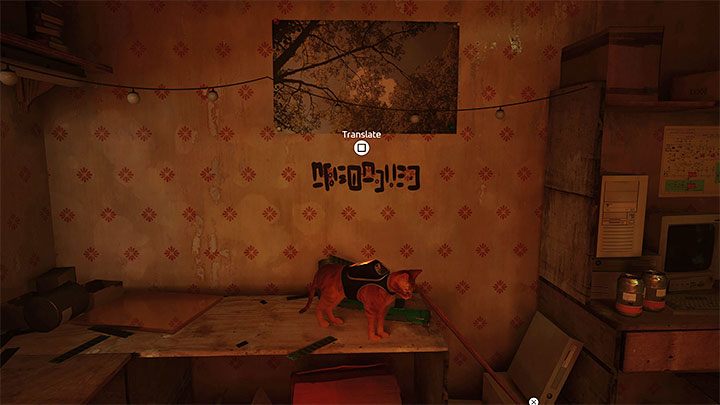 The first picture from the right covers the message that must be translated - Stray: Slums - Part 2, Chapter 6 - walkthrough - Walkthrough - Stray Guide, Walkthrough