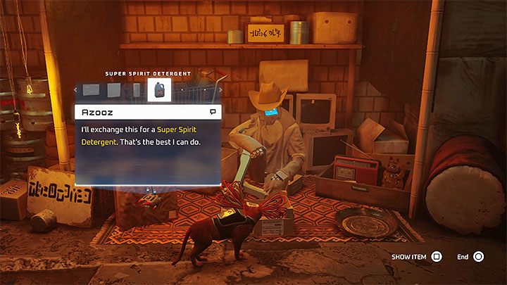 Bring the detergent to the local merchant Azooz - his stall is near the central part of the slums - Stray: Slums - Part 2, Chapter 6 - walkthrough - Walkthrough - Stray Guide, Walkthrough