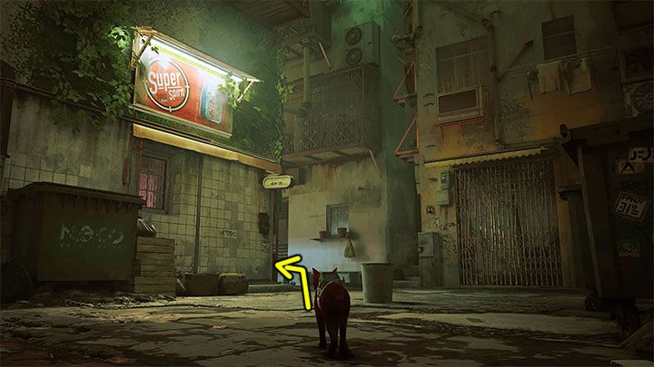 Turn 180 degrees and take the distant alley to the right pictured in the screenshot - Stray: Seamus flat - where is it in the Slums? - FAQ - Stray Guide, Walkthrough
