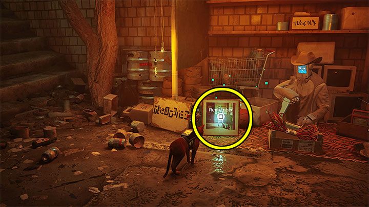 Bring the energy drinks to the slum merchant and examine the object they's selling on the left - we've marked it in the screenshot - Stray: The Slums - all memories - Memories B-12 - Stray Guide, Walkthrough