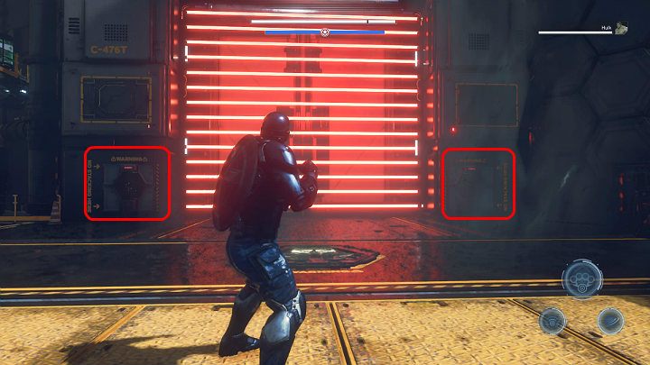After the fight is over, activate the two buttons highlighted in the image above to deactivate the force field blocking access to the fortress - Marvels Avengers: By Force of Mind, walkthrough - Gold Coast - Marvels Avengers Guide