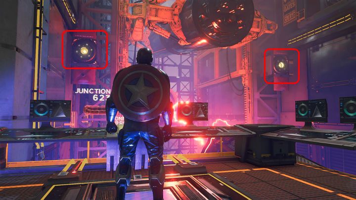 Stand on the button in the ground to reveal two buttons on the opposite wall - throw the shield at them - Marvels Avengers: By Force of Mind, walkthrough - Gold Coast - Marvels Avengers Guide