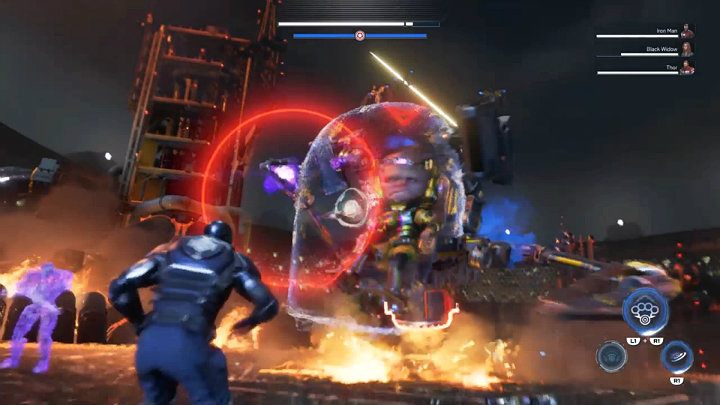 While you are attacking MODOKs engines, you must also constantly avoid the bosss mechanical arms, which have a really long range - Marvels Avengers: MODOK boss - how to beat? Walkthrough - Bosses - Marvels Avengers Guide