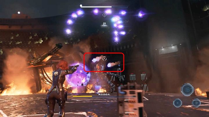 Rockets fired by MODOK can be destroyed with a range weapon - Marvels Avengers: MODOK boss - how to beat? Walkthrough - Bosses - Marvels Avengers Guide
