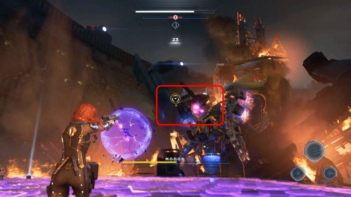 When the opponent starts to rotate around the arena, aim slightly ahead of him to hit the target - Marvels Avengers: MODOK boss - how to beat? Walkthrough - Bosses - Marvels Avengers Guide