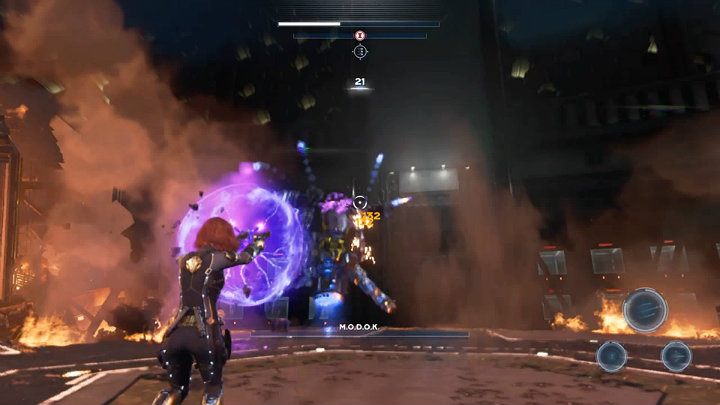 Keep fighting until the crystal on MODOKs head is broken - Marvels Avengers: MODOK boss - how to beat? Walkthrough - Bosses - Marvels Avengers Guide