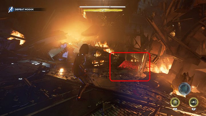 As you run towards Bruce, turn into the passage on the left - the correct path is marked with the red element on the ground - Marvels Avengers: MODOK boss - how to beat? Walkthrough - Bosses - Marvels Avengers Guide