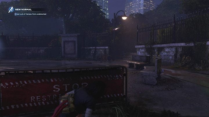 Step out from behind the railing and follow the concrete benches to the right - Marvels Avengers: New normal, walkthrough - Eastern seaboard - Marvels Avengers Guide