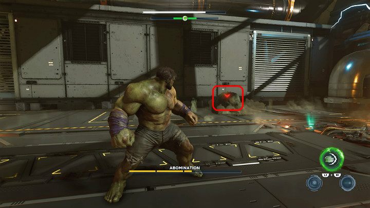 When a red icon appears above the head of the Abomination, it means that its going to perform an attack from behind the head or prepares to charge at the opponent - Marvels Avengers: Abomination boss - how to beat? Walkthrough - Bosses - Marvels Avengers Guide
