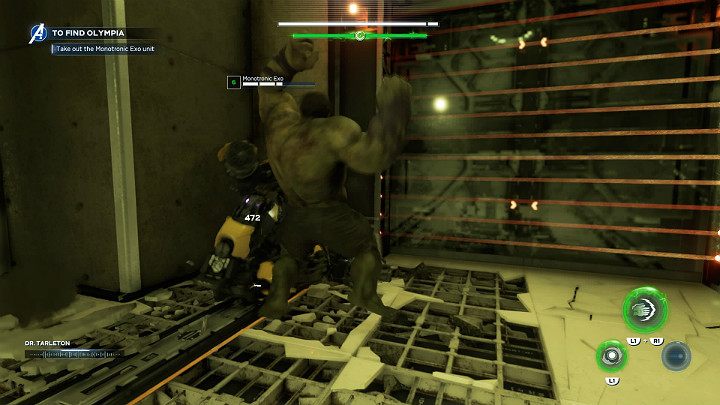 After you enter the lab, there will be a soldier in a large exoskeleton on your way - Marvels Avengers: To find Olympia, walkthrough - Pacific Northwest - Marvels Avengers Guide