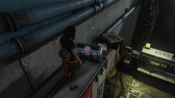 Jump onto another platform, open a chest on a metal cabinet and try to activate a large-sized electronic device that stands below - Marvels Avengers: To find Olympia, walkthrough - Pacific Northwest - Marvels Avengers Guide