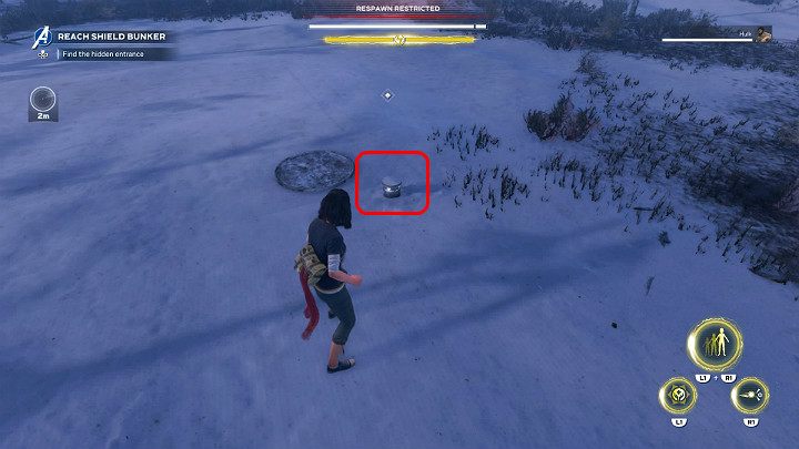 When you get to the right place, locate the distinctive circular mark on the ground - Marvels Avengers: Missing links, walkthrough - Snowy Tundra - Marvels Avengers Guide