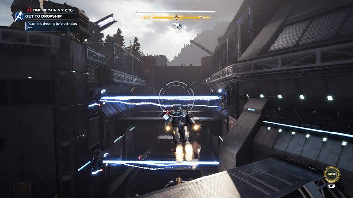 The fastest and probably best way to get through an extremely well-armed AIM facility is to simply switch to the fast-flying mode and fly between enemy turrets - Marvels Avengers: Armor chase, walkthrough - Utah Badlands - Marvels Avengers Guide