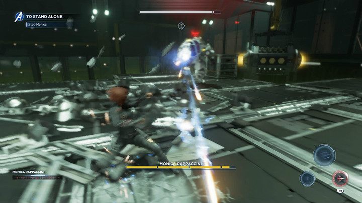 During combat, Monica will use long-range weapon, which was mounted on the right hand of the exoskeleton - Marvels Avengers: To stand alone, walkthrough - Utah Badlands - Marvels Avengers Guide
