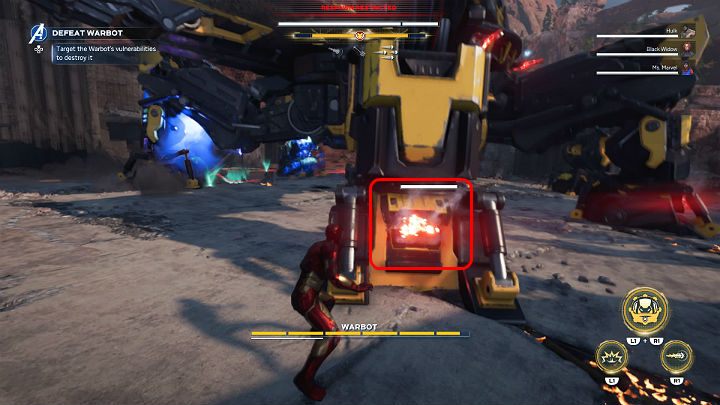 Pay attention to the overheating vents in its legs - thats your first target - Marvels Avengers: Warbot boss - how to beat? Walkthrough - Bosses - Marvels Avengers Guide