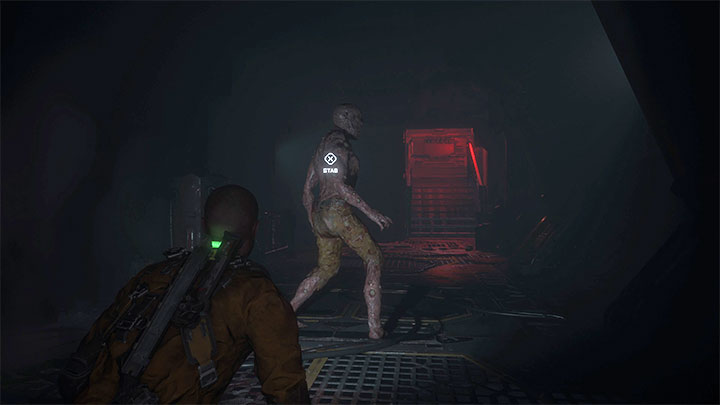 On the new floor, there is an opportunity for a stealth attack - crouch, approach the monster from behind and stab it with the shiv - Callisto Protocol: Aftermath - Walkthrough - The Callisto Protocol Guide