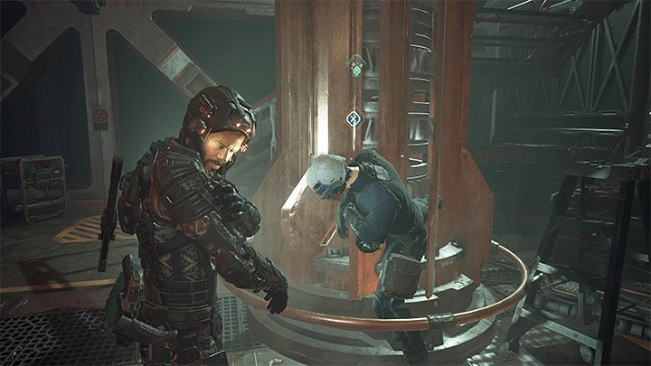 You can first collect the loot from the area or head immediately to the imprisoned dead guard from the picture - Callisto Protocol: Lost - Walkthrough - The Callisto Protocol Guide