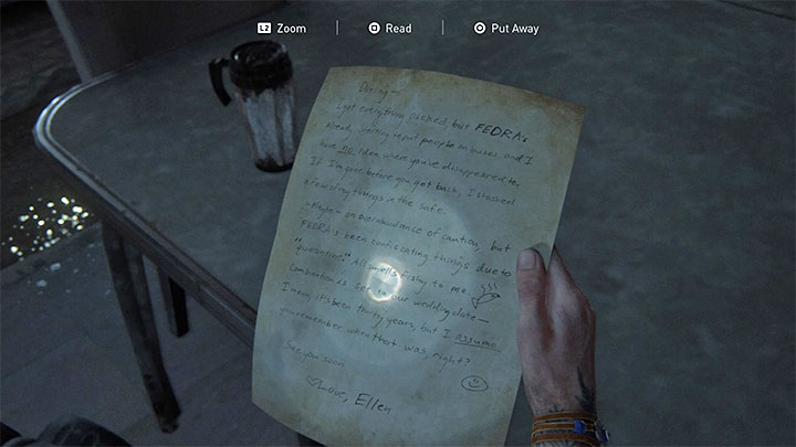 You may find a note lying on the table telling you that the combination to the safe is the date of the wedding - The Last of Us 2: Safe combinations - Seattle, Day 2 Ellie - Safes - The Last of Us 2 Guide