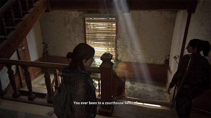 Inside the courthouse, you must defeat a group of infected and then locate the stairs leading to the lower floor - The Last of Us 2: Training manuals, passive skills - Character development and equipment upgrades - The Last of Us 2 Guide