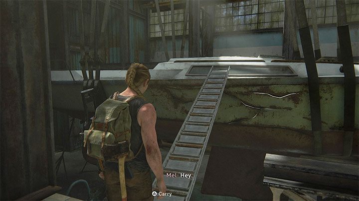 Follow the plot to reach the upper level of the hangar, raise the ladder and lay it down so that you can walk on it to the hanging boat - The Last of Us 2: Training manuals, passive skills - Character development and equipment upgrades - The Last of Us 2 Guide