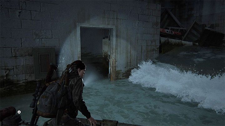 Stop the boat as soon as you reach the bottom and look at the right door opening shown in the picture - The Last of Us 2: The Flooded City - collectibles, artefacts, coins - Seattle, Day 3 - Ellie - The Last of Us 2 Guide